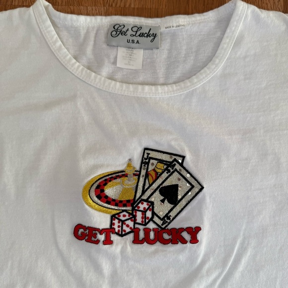 VINTAGE 90s "Get Lucky" Las Vegas Casino Gambling White Embroidered T-shirt - Picture 3 of 6